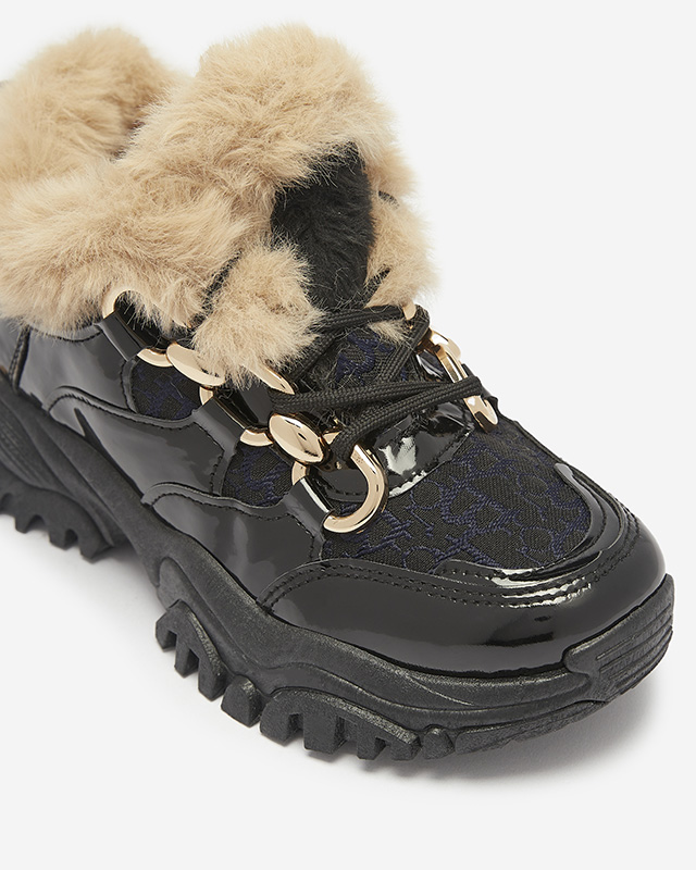 Спортивные лакированные черные женские кроссовки с мехом Axili- Footwear