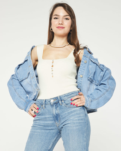 Kreminės spalvos moteriškas viršus su kubinėmis cirkonio a'la sagomis- Drabužiai