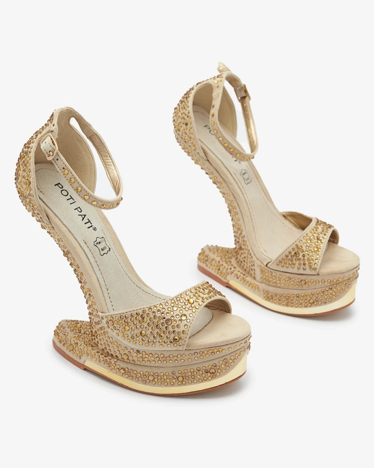 Золотые женские туфли с открытым носком и цирконами Elenki - Обувь