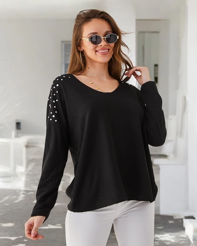 Royalfashion Moteriškas plonas viskozės megztinis su akmenukais ant pečių