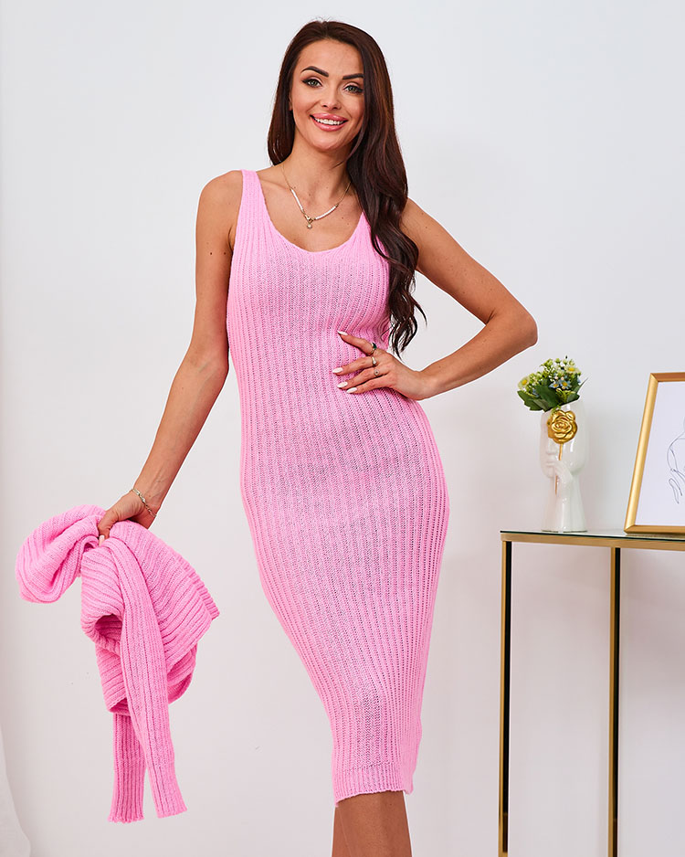 Royalfashion Розовый женский комплект с платьем и свитером