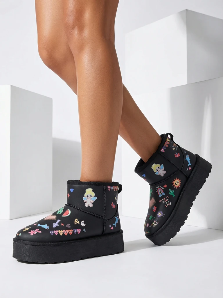 Royalfashion Trumpas sniego stiliaus moterų batai su Hanaga lipdukais