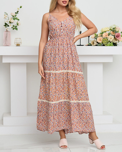 Женское оранжевое длинное платье с яркими цветами - Одежда
