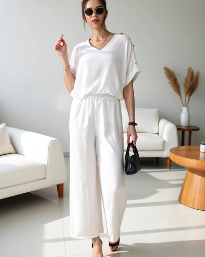 Royalfashion Moteriškas laisvalaikio rinkinys su trumpomis rankovėmis bluzonu ir plačiomis kelnėmis