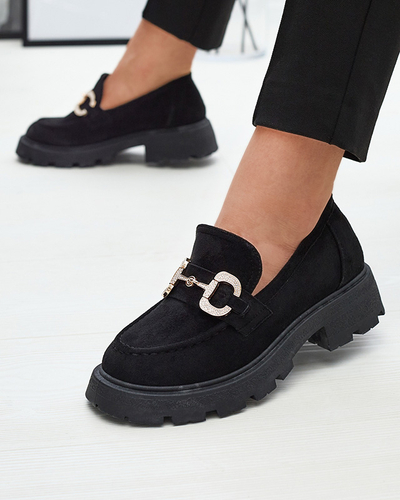 Juodi moteriški mokasinai su aukso ornamentu Ryci - Avalynė