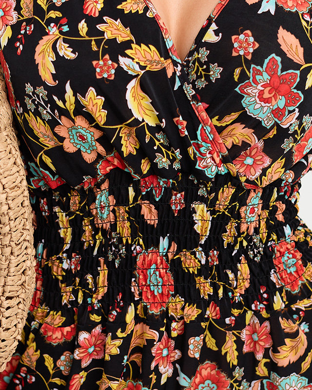 Женский черный короткий комбинезон с цветочным узором - Одежда