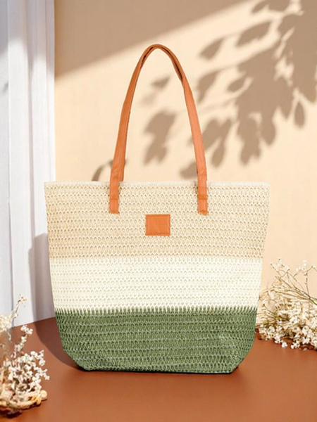 Royalfashion Didelė šiaudinė moteriška rankinė su ryškiomis, plačiomis juostomis