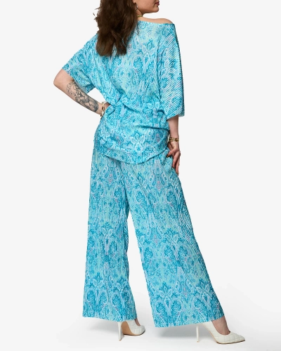 Синий ребристый женский комплект с принтом - Одежда