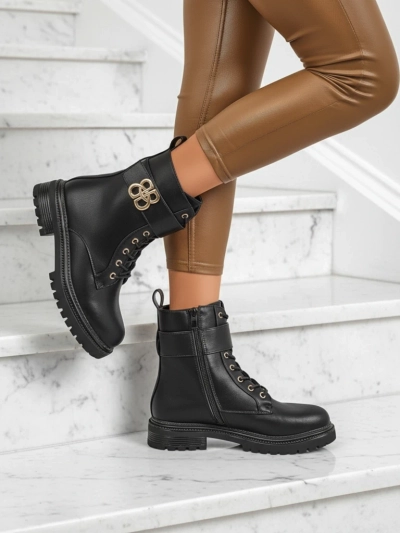 Artemisia Nero leather ankle boots with a round toe, zipper and gold buckle