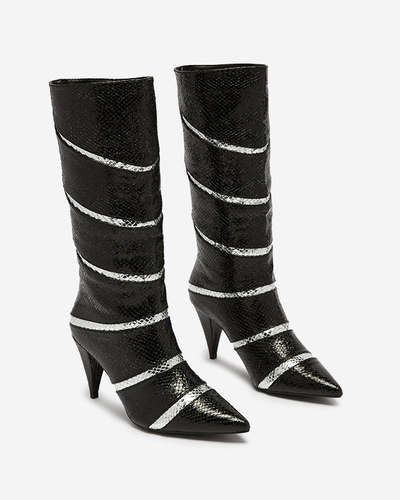 Черно-серебристые женские сапоги на шпильке с тиснеными полосками Felifea- Footwear