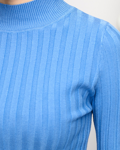 Moteriškas mėlynas megztinis su briaunuota apykakle - Drabužiai