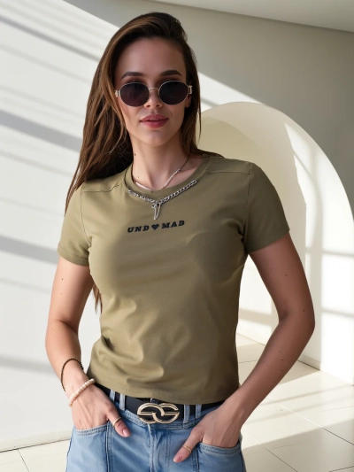 Royalfashion Moteriškas medvilninis trumpas marškinėliai su užrašu