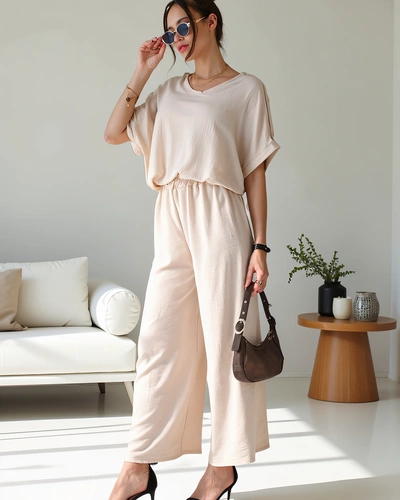 Royalfashion Женский повседневный комплект с блузкой с коротким рукавом и широкими брюками