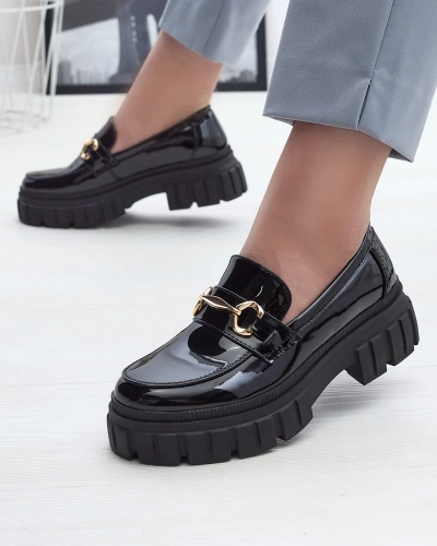 Moteriški juodi lakuoti mokasinai tvirtu padu Fenika - Avalynė