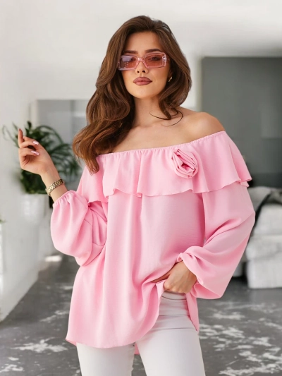 Royalfashion Moteriška bluzonė be petnešų su volanais ir gėlėmis