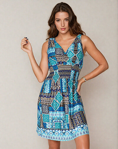 Royalfashion Moteriška medžiaginė mini suknelė su dekoratyviniu raštu