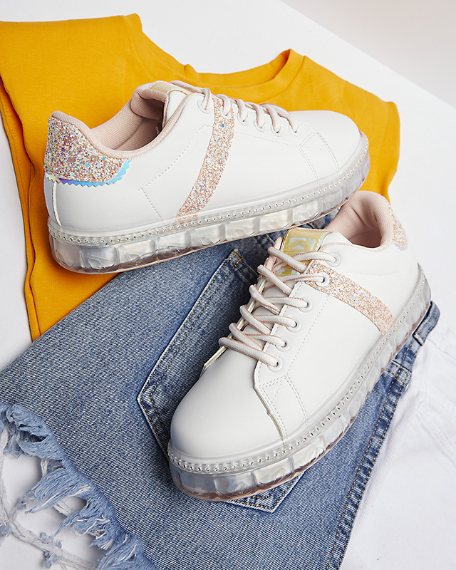 Balti moteriški sportiniai bateliai su rausvais intarpais Asxa- Footwear