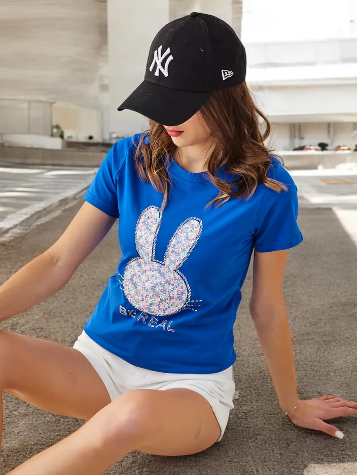 Royalfashion Moteriška medvilninė marškinėliai 'Bunny Say Be Real'