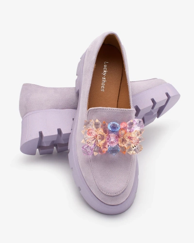 OUTLET Royalfashion Violetiniai moteriški mokasinai su spalvingais kristalais Crystal Glam