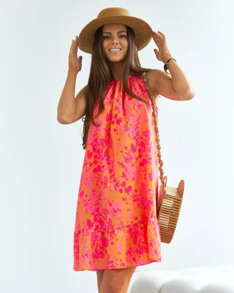 "Royalfashion" Oranžinės-rožinės spalvos trumpa gėlėta moteriška suknelė