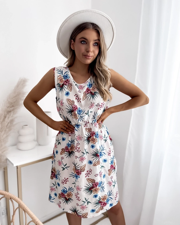 Белое женское мини-платье с цветочным узором - Одежда