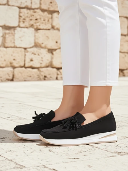 Moteriški Loafers Aelia juodi iš zomšinės ekologiškos odos su 4 cm platforma