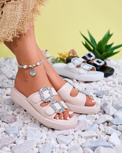 Бежевые женские шлепанцы со стразами Azazel