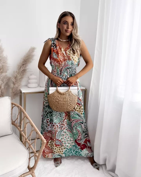 Raštuota žalia ir oranžinė moteriška midi suknelė Apranga