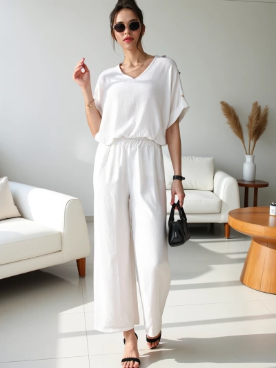 Royalfashion Женский Casual комплект с коротким рукавом и широкими брюками