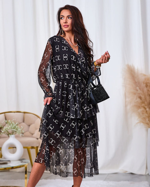 Royalfashion Juoda tinklinė midi suknelė su raštu