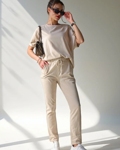 Royalfashion Женский комплект из хлопка с короткими рукавами и прямыми брюками