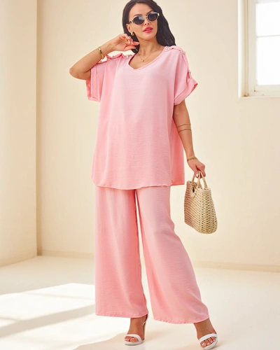 Royalfashion Moteriškas medvilnės komplektas su trumpomis rankovėmis ir plačiomis kelnėmis