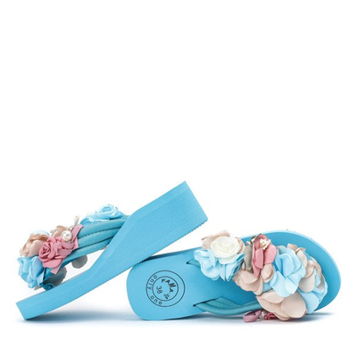 Niebieskie klapki na koturnie z kwiatami Parri - Obuwie