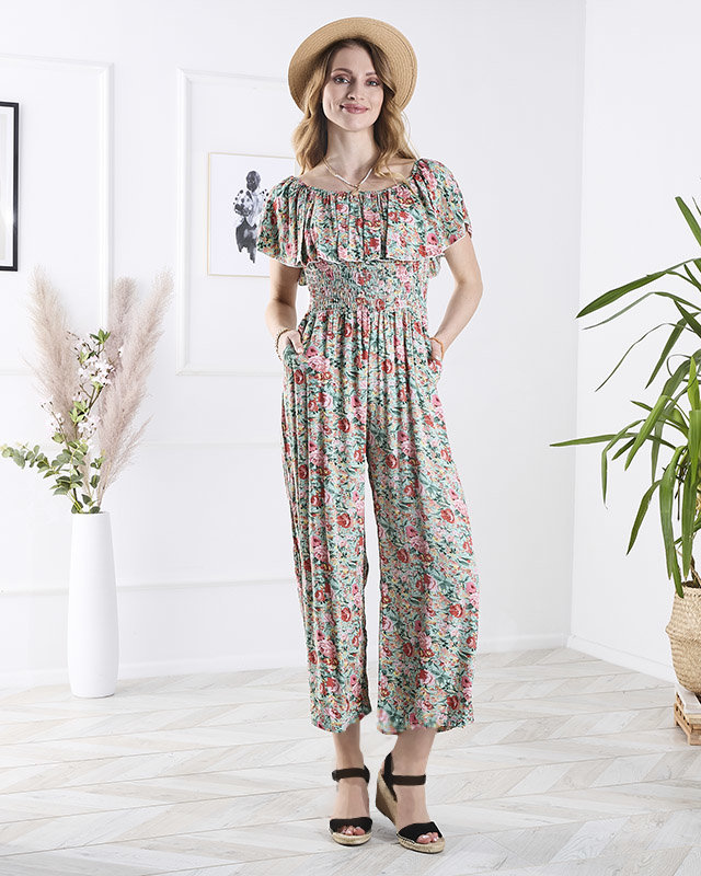 Зелено-розовый длинный женский комбинезон с цветочным узором - Одежда