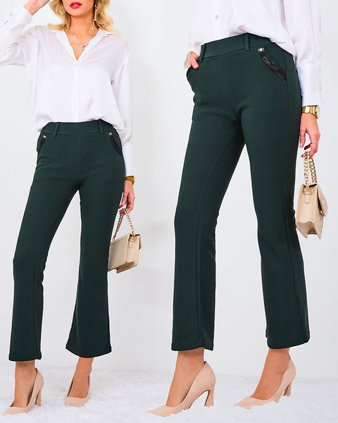 Royalfashion Tamsiai žalios moteriškos medžiaginės kelnės a'la bells