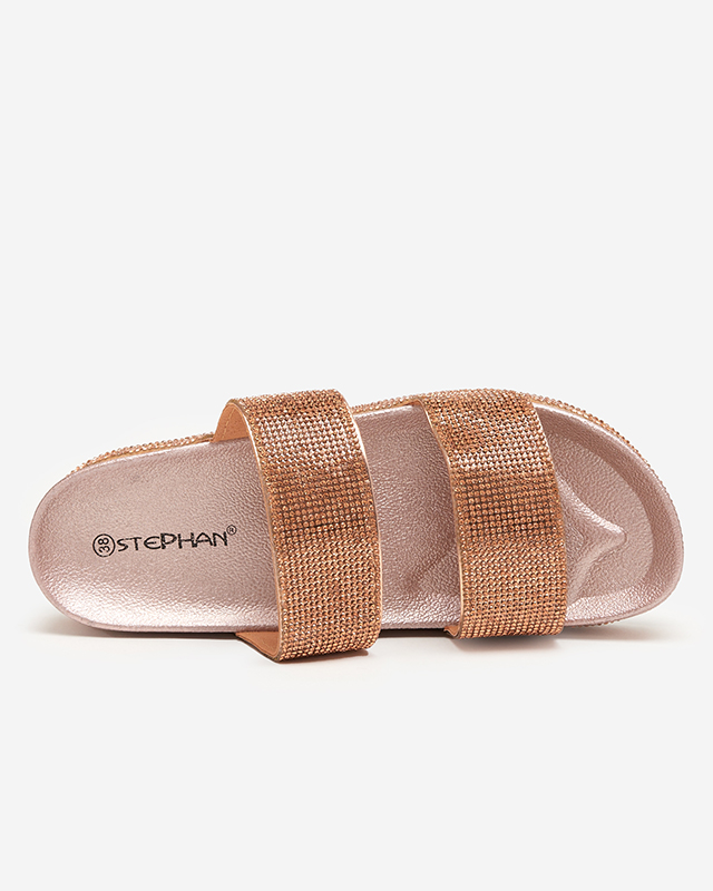 OUTLET Rožinės ir auksinės moteriškos šlepetės su kubiniais cirkoniais iš Slisera - Avalynė