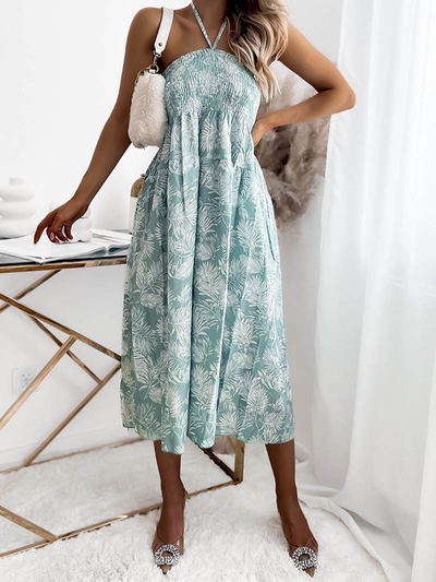 Moteriška midi suknelė su gėlių motyvais, mėtų spalvos, balta PLUS SIZE - Apranga