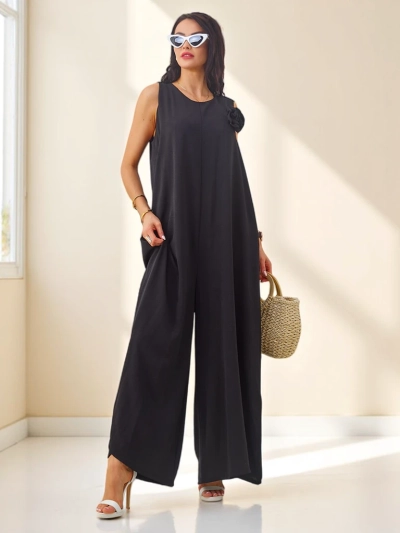 Eleonora Nero – czarny kombinezon z wiskozy na ramiączkach, szerokie nogawki