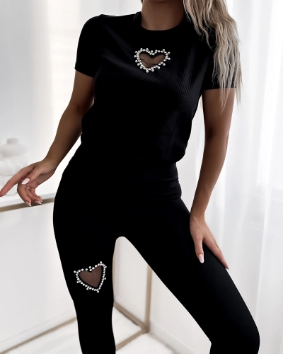 "Royalfashion" Juodas moteriškas sportinis rinkinys su širdelėmis
