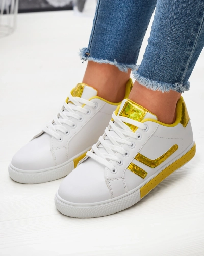 Balti moteriški sportiniai bateliai su geltonais holografiniais intarpais Bielga- Avalynė