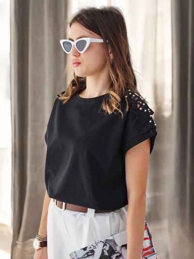 Royalfashion Женская хлопковая футболка с кружевными рукавами