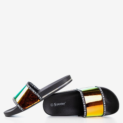 Черные тапочки с голографической желтой полосой Rinata - Обувь