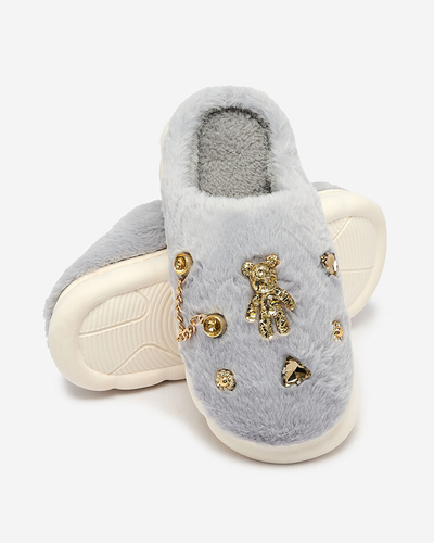 Royalfashion Mėlynos moteriškos kailinės šlepetės su ornamentais Erserra
