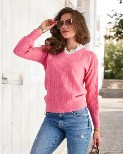 Royalfashion Rausvas moteriškas megztinis su dekoratyviniu pynimu