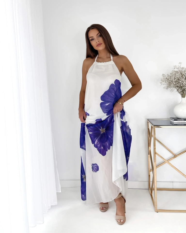 Balta moteriška midi suknelė su violetinėmis gėlėmis - Apranga