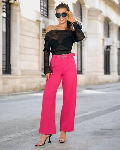 Royalfashion Moteriškos plačios medžiaginės kelnės