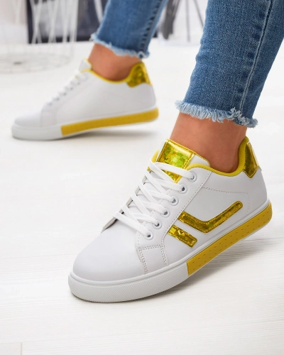 Balti moteriški sportiniai bateliai su geltonais holografiniais intarpais Bielga- Avalynė