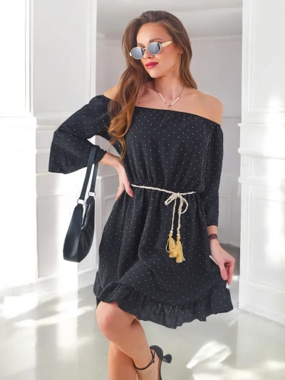 Royalfashion Женское мини-платье с открытыми плечами и длинными рукавами, декорированное стразами