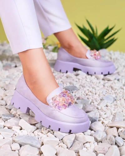 OUTLET Royalfashion Фиолетовые женские мокасины с разноцветными кристаллами Crystal Glam