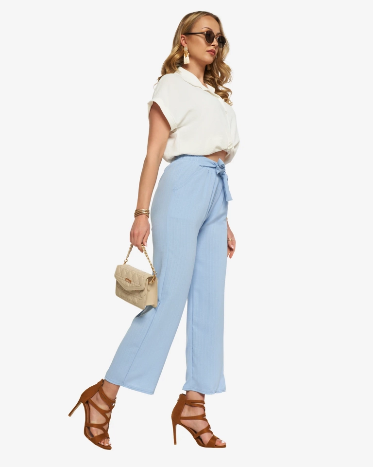 Синие женские широкие брюки из ткани - Одежда